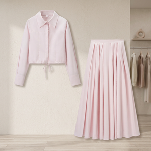 Conjunto de Dos Piezas para Mujer, Otoño 2025, Estilo Casual, Camisa de Manga Larga con Cuello y Cordones + Falda Midi Retro - Product Image 2
