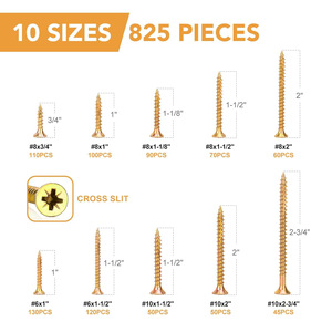 Tapping Screws 825pcs Set Carbon Steel Countersunk Head Phillips Wood Screws Imperial Size - Product Image 2
