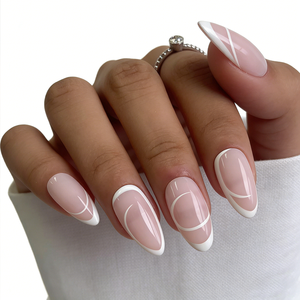 Vente en gros de 10 pièces de <span class=keywords><strong>faux</strong></span> ongles en acrylique de luxe, design français blanc, forme amande courte, faits à la main, pose facile, couverture complète - Product Image 5