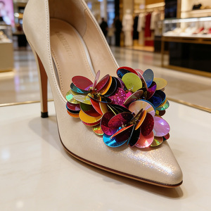 Factory Direct Sales Triangle Sequins Stunning Sexy <strong>Low</strong> <strong>Heel</strong> <strong>Stiletto</strong> Pointed Toe Sandals Womens Lace Heavy Beaded Detachable - Product Image 1