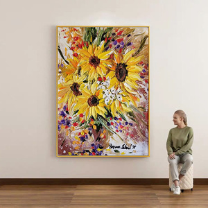 Peinture à l'huile texturée tournesol, peinte à la main, cadre en métal, style impressionnisme, pour décoration murale de salon - Product Image 1