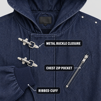 Blouson Bomber Homme Bleu Personnalisé en Jean Surdimensionné à Capuche avec Fermeture Éclair, Poches Cargo Utilitaires et Poignets et Ourlet Côtelés pour Tenue de Travail Vintage