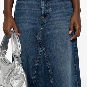 Jupes longues en jean délavé bleu décontractées sur mesure, taille haute, coupe trapèze, pour femmes - Product Image 6