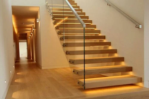 Escalera flotante recta de interior moderna <span class=keywords><strong>con</strong></span> banda de <span class=keywords><strong>madera</strong></span>, <span class=keywords><strong>escaleras</strong></span> de seguridad <span class=keywords><strong>con</strong></span> luz LED recta, barandilla de <span class=keywords><strong>vidrio</strong></span> negro - Product Image 4