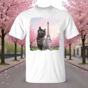 T-shirt Cat In Paris avec motif de la tour Eiffel et de fleurs de cerisier, taille adulte unisexe - Product Image 3