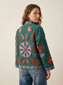 Veste en coton vert sarcelle à motif floral, style kimono, ouverte sur le devant, faite à la main, inspirée des textiles traditionnels d'Asie centrale, d'inspiration ouzbèque. - Product Image 2