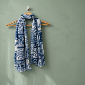 Blue White Floral Geometric Dobby Polyester Scarf Tassel Edge Lightweight <b>Shawl</b> Wrap for <b>Women</b> Travel Gift - Product Image 3