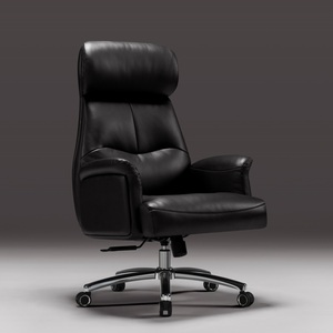 Modern Design Black Office <strong>Chair</strong> with Genuine Leather Ergonomic Adjustable Height <strong>Rotating</strong> Wheel Fixed Armrests Home Office - Product Image 1