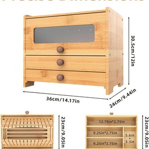 Bamboo Bread Box With Drawers Natural Wood Food <b>Storage</b> <b>Kitchen</b> Organizer - Product Image 2