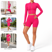 Ensemble de yoga et de sport 2 pièces personnalisé pour femme : veste courte zippée à manches longues avec trous pour les pouces et short cycliste taille haute