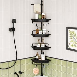 Cesto angolare per <span class=keywords><strong>doccia</strong></span> CF ABS a 4 livelli con altezza regolabile, 6 ganci, porta bottiglie invertito e asta di tensione in acciaio inossidabile - Product Image 1