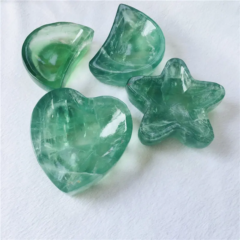 Cuenco de cristal de roca con grabado a mano natural, Luna y corazón de fluorita verde, para decoración, venta al por mayor