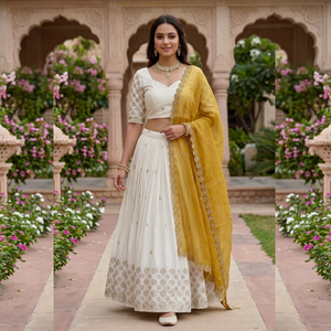 Lehenga Choli Blanco con Dupatta, Conjunto de Blusa y Falda de Tela Bordada con Flores, para Bodas y Fiestas, para Mujer - Product Image 1