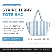 Sac fourre-tout personnalisé en tissu éponge 100% coton, sac de plage rayé, grande capacité, sac à bandoulière pour femmes, voyage, shopping, vente en gros