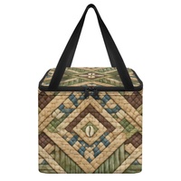 Sac à déjeuner isotherme personnalisé en forme de panier tressé avec motif géométrique, fermeture éclair et poignées de transport