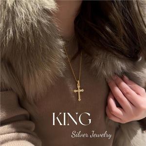 King Silver Cross Pendant Necklace With Diamond Prong Setting Unisex Everyday Wear - Product Image 5