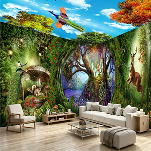 Carta da Parati Impermeabile 3D con Motivo Alce nella Foresta, Sfondo per Soffitto e Parete, Carta da Parati in Seta Stile Chinoiserie, Carta da Parati a Larghezza Extra - Product Image 2