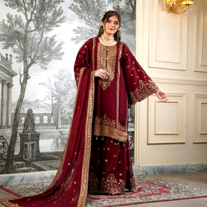 Conjunto de top de seda Fandy con bordado de diseñador y trabajo de lentejuelas, con pantalón sharara y dupatta, completamente cosido y listo para usar. - Product Image 1