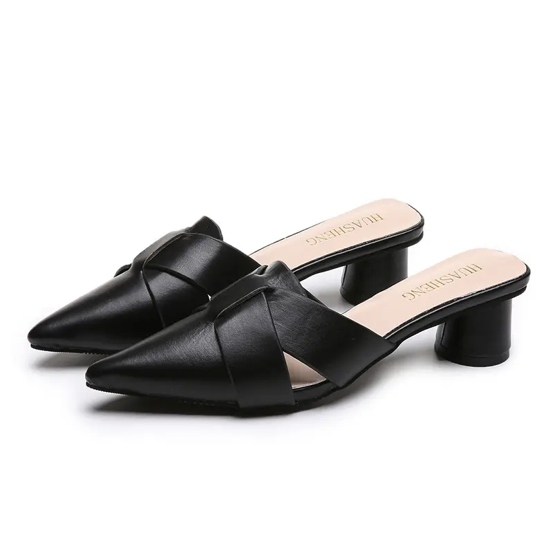 Women's Summer Casual black Sole Sexy Style Ladies Shoes Fashion Closed Toe Chunky Thick Heel PU Leather Mules Slippers