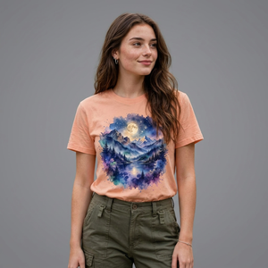 Camiseta Personalizada para Mujer con Estampado de Luna y Montaña, Diseño Gráfico de Paisaje Natural Color Durazno, Camiseta de Algodón OEM, Estilo Senderismo al Aire Libre, Top de Verano, Venta al Por Mayor - Product Image 2