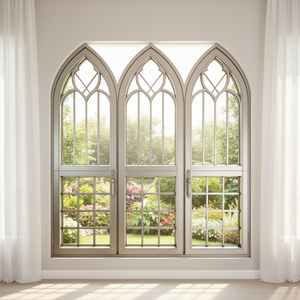 Gotische Bogenfenster Aluminium-Holz-Verbundfenster mit Edelstahlgitter, Horizontaler Lamellenverkleidung und Niedrig-Emissionsglas - Product Image 1