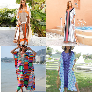 European American Style Sexy <strong>Plus</strong> <strong>Size</strong> Bikini Sunscreen Polyester Stripe Printed Robe Four-Sided <strong>Beach</strong> Swimsuit <strong>Cover</strong> <strong>Ups</strong> - Product Image 2