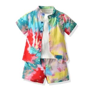 China supply baby boy's summer clothing sets children 3 pieces clothes suits kids tie-dyed shirts, white pullover and shorts