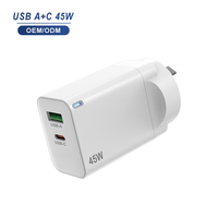 Chargeur GaN 45W avec prise AU, USB C PD, charge rapide, 2 ports USB A/C, adaptateur secteur mural avec indicateur LED pour téléphone, tablette, MacBook