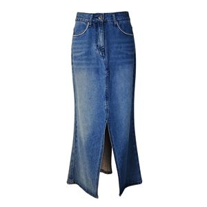 Jupe mi-longue en jean sirène taille haute pour femme |   100% Coton, Lavage Vintage Moyen, Design à Fentes, Mode Urbaine - Product Image 1