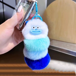 Cute Anime Design Eco-Friendly Rabbit Fur Sausage Keychain Soft Pompom Plush Toy Big Mouth Caterpillar Doll Backpack Accessories