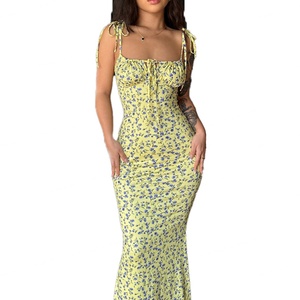 Customized Maxi Small Floral Off-the-Shoulder Neckline Chiffon Digital Printed <b>Dress</b> for Women Summer Autumn Casual Sweet Style - Product Image 2