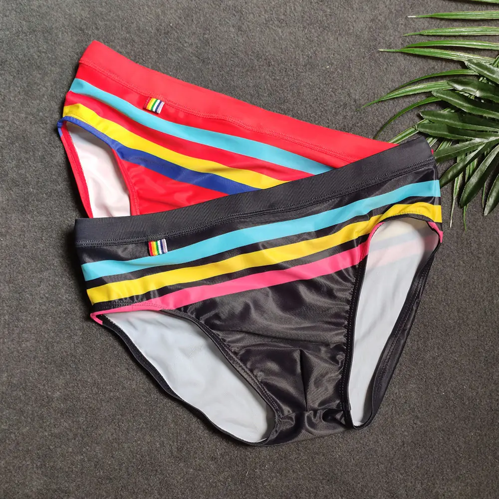 Fashion Men's Color Striped Triangle Swimming Shorts Quick Dry Beach Bikini Bathing Suit Briefs Swim Trunks