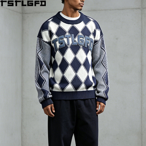 Pull tricoté Argyle coupé-cousu, épais, brodé, style universitaire, bleu marine et blanc, rétro, vente en gros - Product Image 2