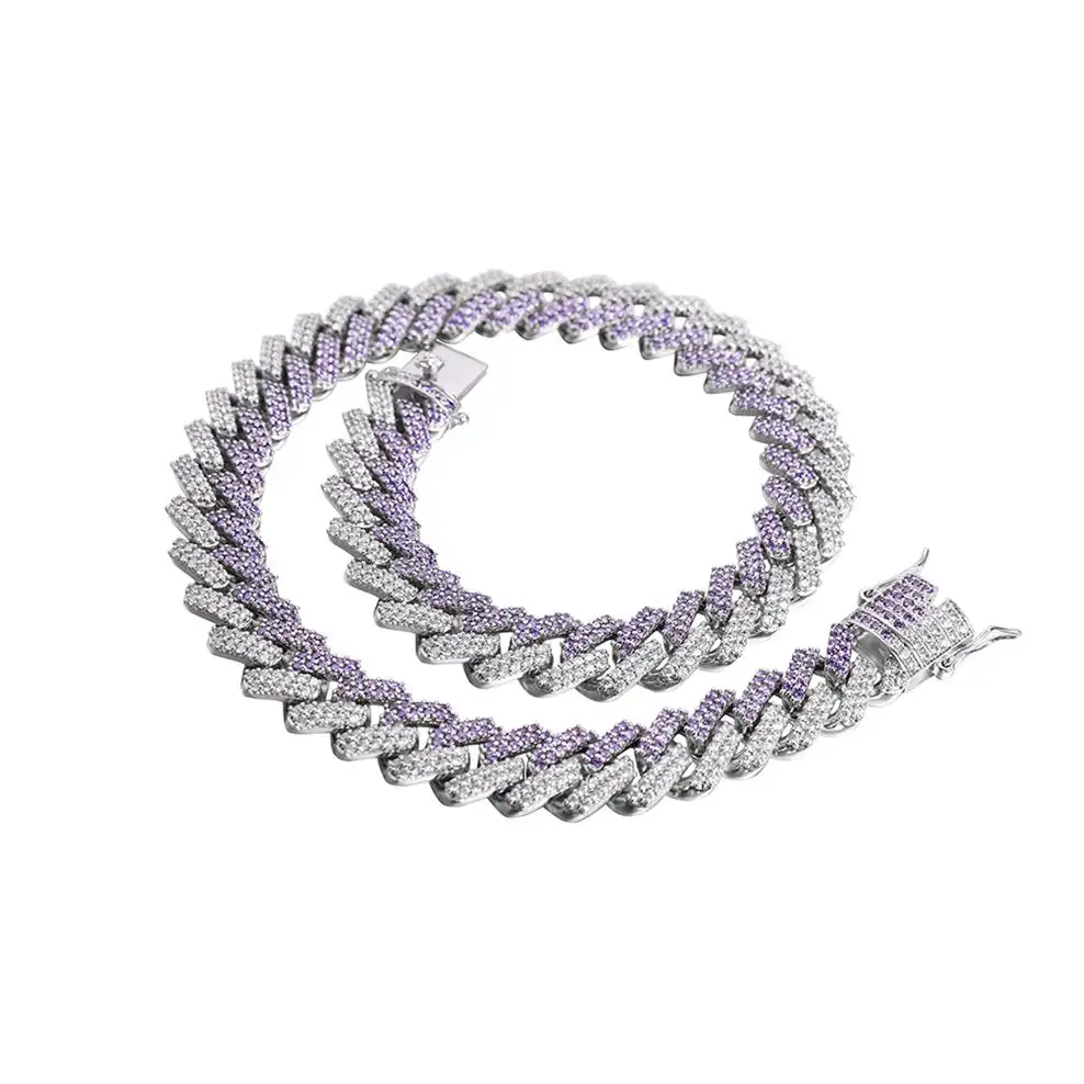 Factory Direct Sale White Gold 925 Sterling Silver Hip Hop Iced Out Purple Zirconia Moissanite Miami Cuban Link Bracelet