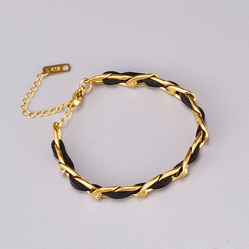 Light Luxury Mens 18k Gold Plated Stainless Steel Black Leather Hip Hop Adjustable Geometric Link Chain Bracelet Jewelry