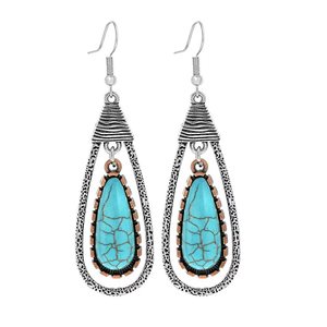 Boucles d'oreilles pendantes tendance pour femmes, style bohème, géométriques, en alliage, plaqué argent antique, avec turquoise, ensemble de bijoux - Product Image 4