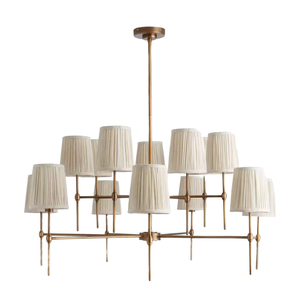 Lámpara Colgante LED Moderna con Pantalla de Tela Dorada y Hierro, Personalizable, Luz Blanca Cálida, Iluminación de Lujo para Comedor, Restaurante o Sala - Product Image 1