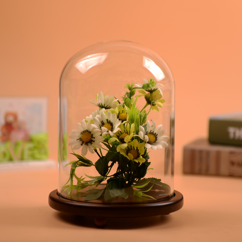 Factory Wholesale Custom Large Bell Glass Cloche Clear Glass Dome house With Wood Base for flower preserved