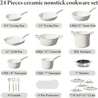 Ensemble de casseroles et poêles de 24 pièces, batterie de cuisine en céramique antiadhésive, couvercle en verre, compatible induction, sans PFAS/PTFE/PFOA/PFOS, compatible four et lave-vaisselle