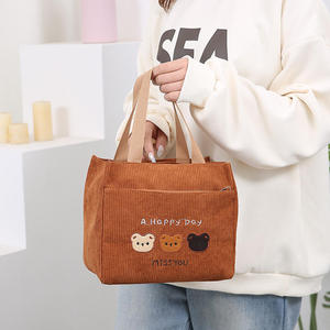 Bolso tote de lona y pana de moda para mujer, mini bolso de mano con oso bordado, lindo bolso de almuerzo con estampado Happy Day y cierre de cremallera, 6 pulgadas - Product Image 5