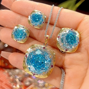 Fashion Eco-friendly Copper Rose Cut 18-14mm Sea Blue Cubic Zirconia Jewelry Set <b>Delicate</b> Pendant Earrings Ring Set for Women - Product Image 3