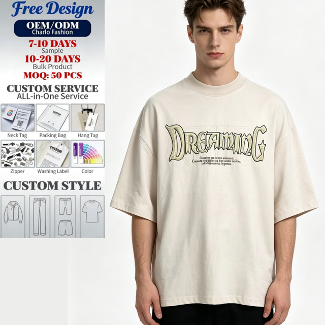 Men's Oversized Drop Shoulder T-Shirt Front 3D Gothic Dreaming Letter Screen Printed 100% Cotton Eco Friendly Quick Dry