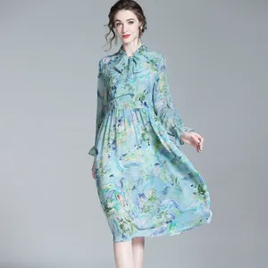 Autumn slim waist bow dress 100% silk dress women floral printed dress