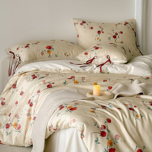 Conjunto de cuatro piezas de lino y algodón de estilo chino artístico, diseño elegante con estampado y lazo, transpirable, para mujer, conjunto para dormir de primavera y verano - Product Image 1
