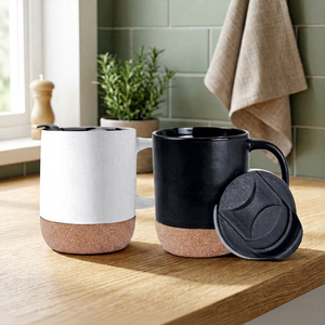 Cork Base <b>Ceramic</b> Modern Coffee <b>Mug</b> Tea Cup with <b>Lid</b> 400ml Matte Black White Heat Preservation Drinkware for Office Travel - Product Image 1