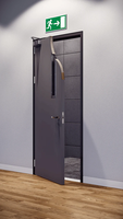 Porte coulissante électrique anti-effraction en acier ignifuge à usage hospitalier avec écran en fibre de verre imperméable et mécanisme d'ouverture manuel.