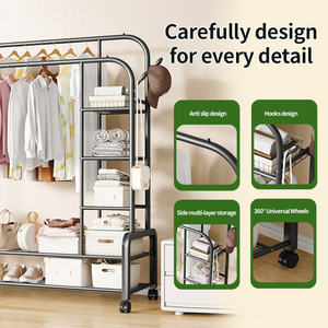 Porte-vêtements multifonctionnel mobile avec <span class=keywords><strong>étagère</strong></span>s latérales de rangement, support en métal épaissi, capacité de <span class=keywords><strong>charge</strong></span> stable - Product Image 3