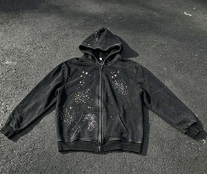 Oversized Vintage Hoodie Streetwear Full <b>Zip</b>-up Cotton French Terry Winter Rhinestone Hoodies for Men - Product Image 5