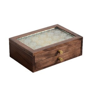Wood Jewelry <b>Box</b> 24X16.5X8Cm With <b>Glass</b> Top And Dual Drawers For Storage - Product Image 2