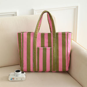 Bolsas de Playa de Tela de Rizo Personalizadas al por Mayor con Logotipo, Bolsas de Viaje a Rayas de Gran Capacidad para Mujer - Product Image 1